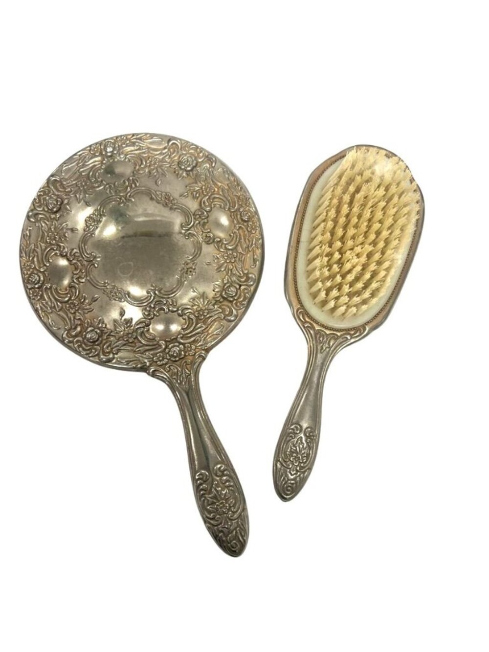Vintage Silver Plated Vanity Set Repousse Floral Hand Mirror & Hair Brush 2pc